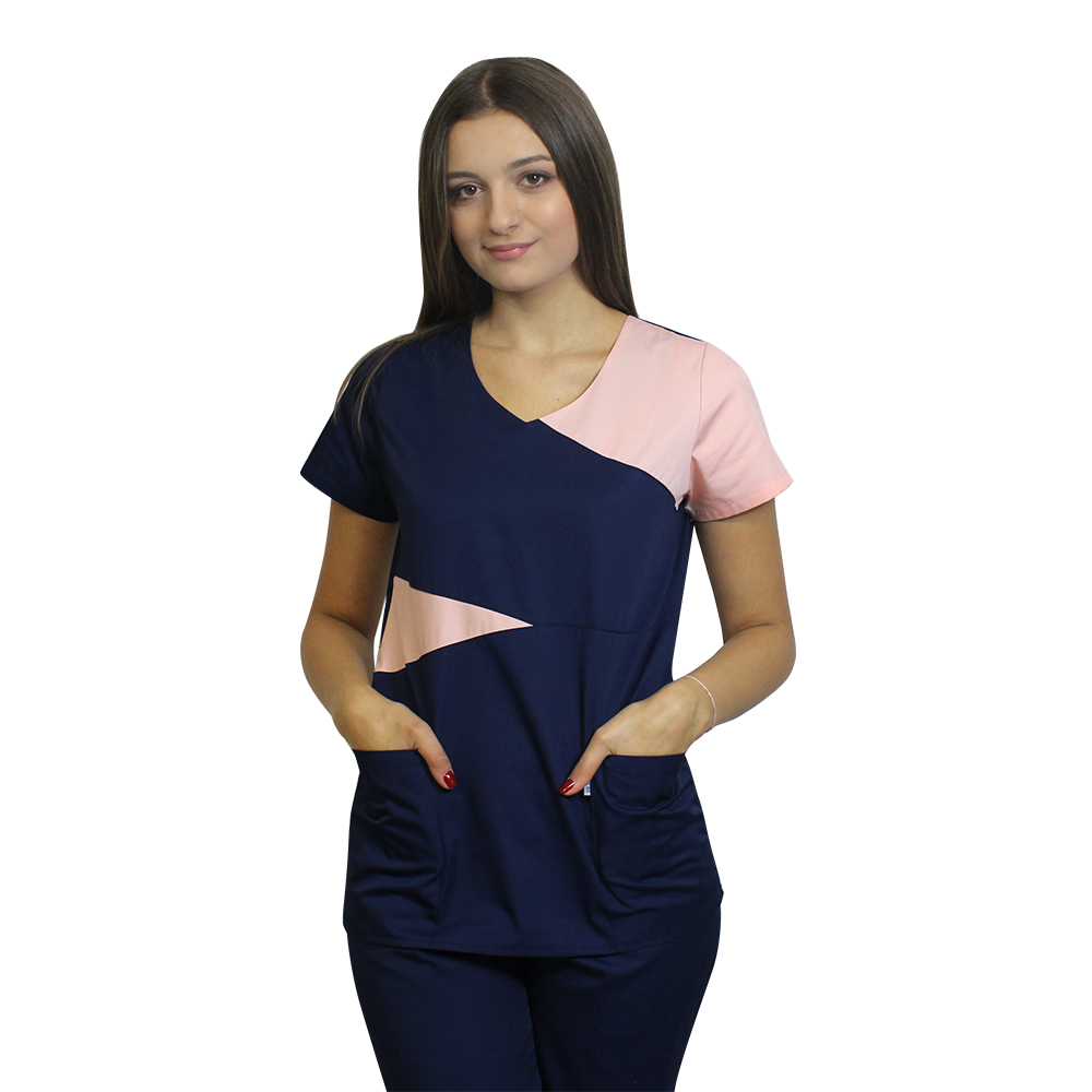 OUTLET Halat medical Luiza, bleumarin cu piersica, cambrat  si doua buzunare aplicate 3